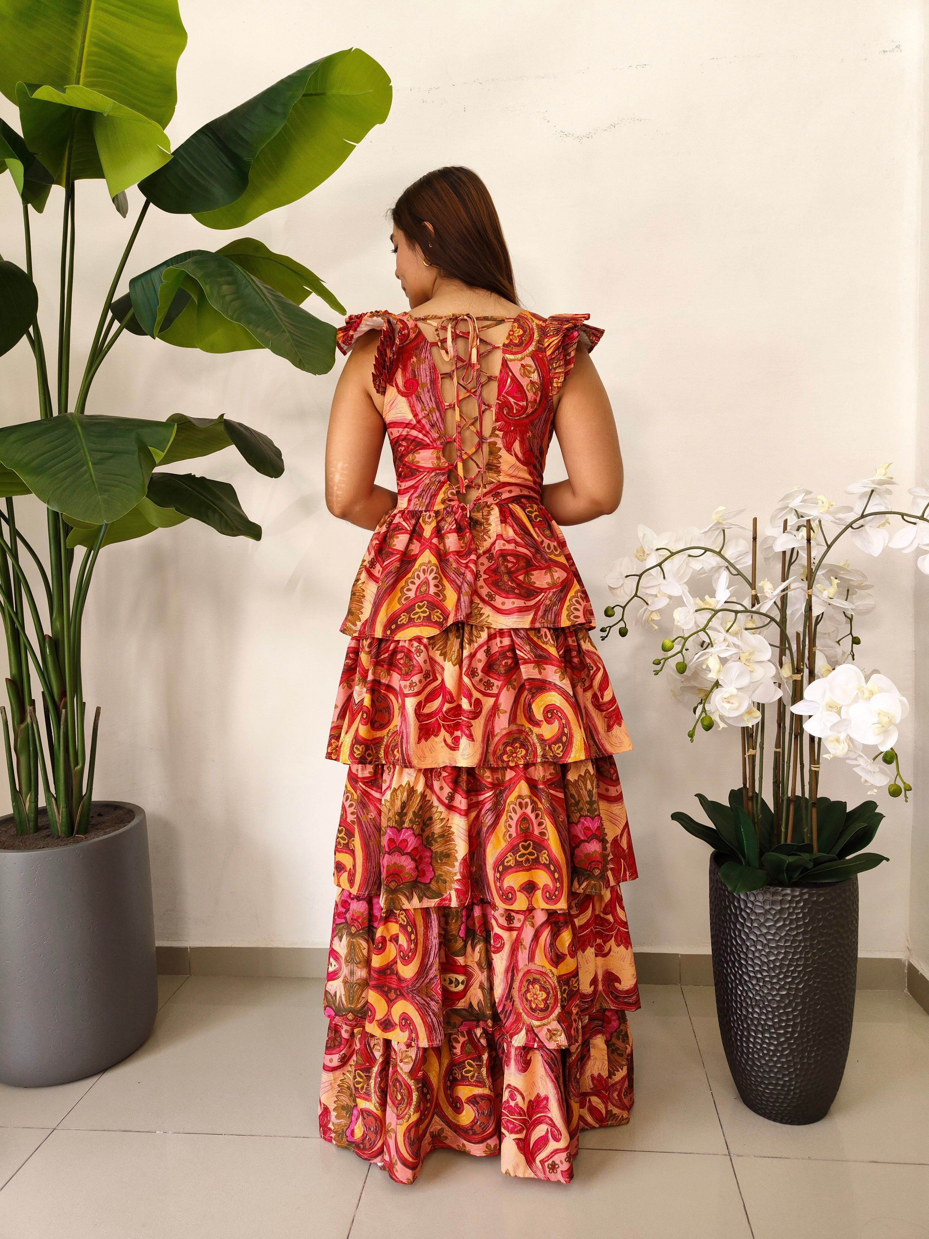 MIDI DRESS ESTAMPADO OTOÑO Y AZUL