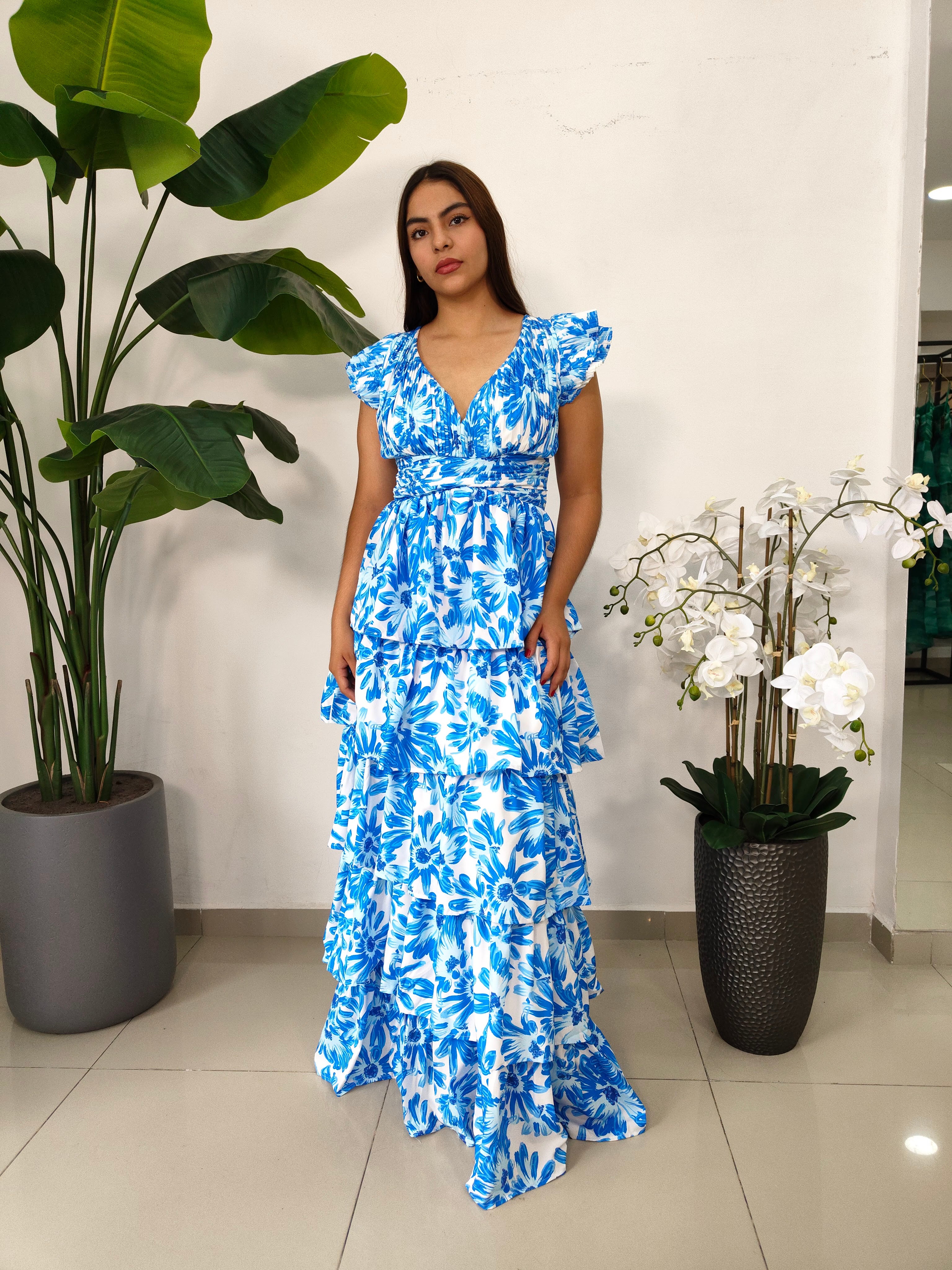 MIDI DRESS ESTAMPADO OTOÑO Y AZUL